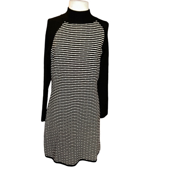 Title Nine Sweater Dress Tunic Merino Wool Blend Black Stripe Size medium m. - Picture 1 of 7